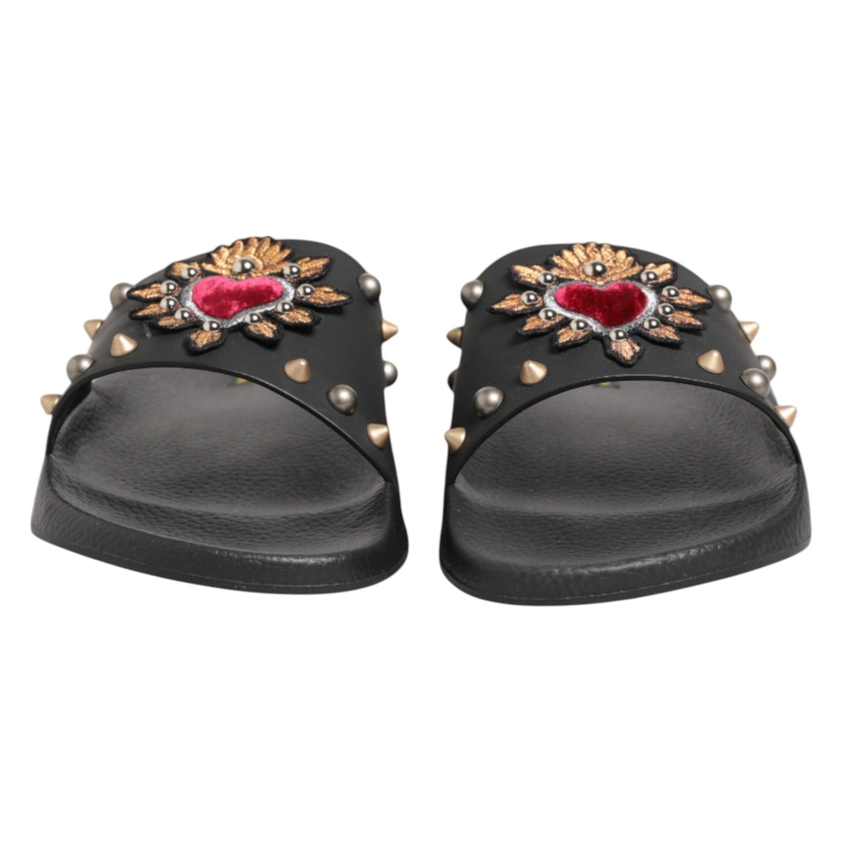 New Dolce & Gabbana Black Heart Patch Rubber Calfskin Slippers Shoes