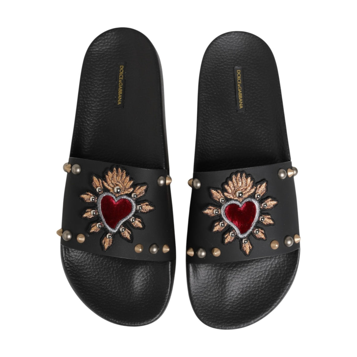 New Dolce & Gabbana Black Heart Patch Rubber Calfskin Slippers Shoes