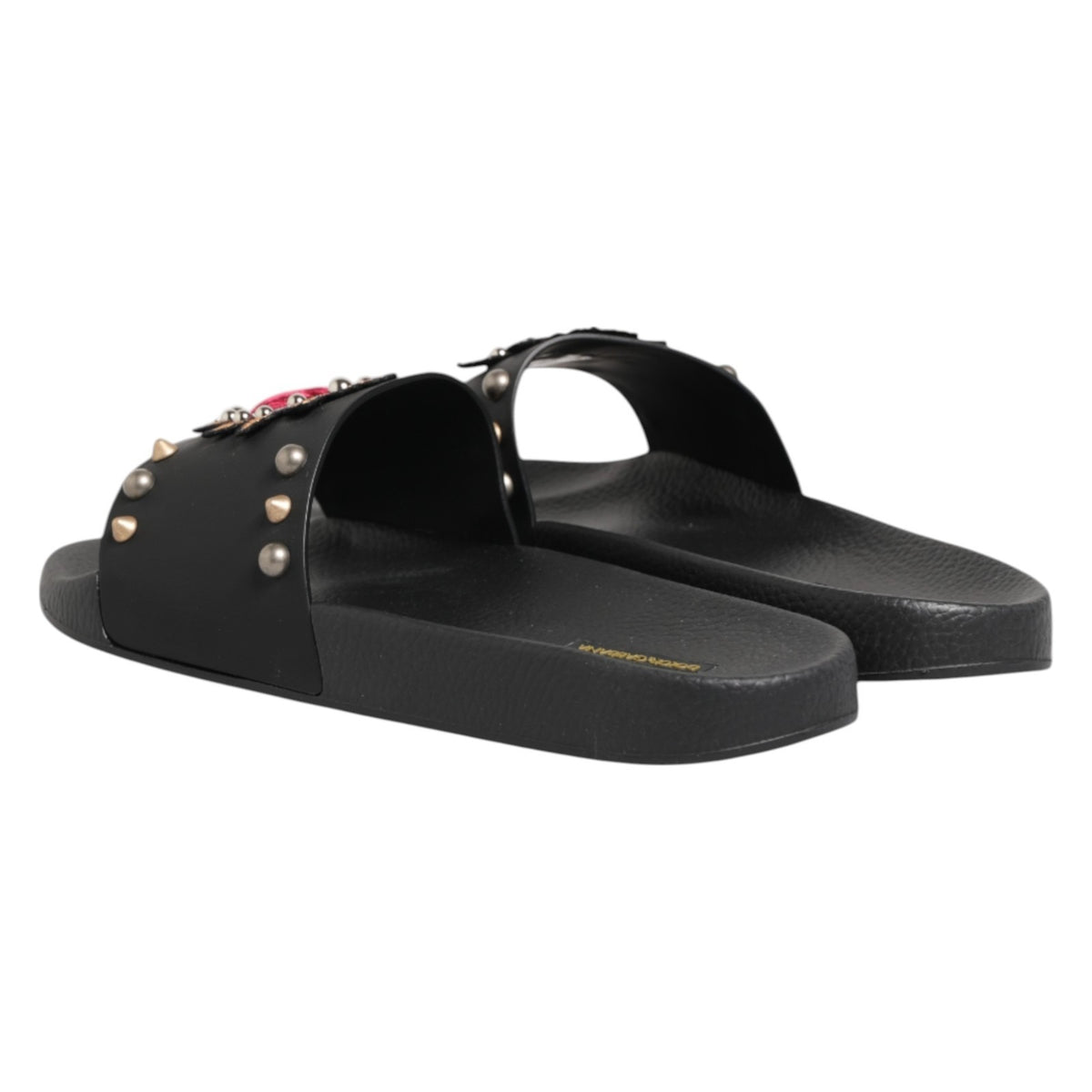 New Dolce & Gabbana Black Heart Patch Rubber Calfskin Slippers Shoes