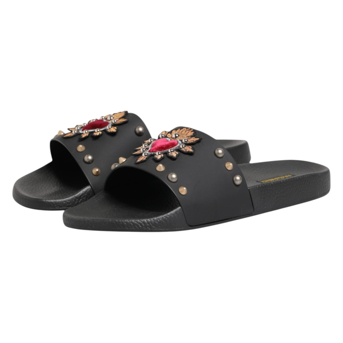 New Dolce & Gabbana Black Heart Patch Rubber Calfskin Slippers Shoes