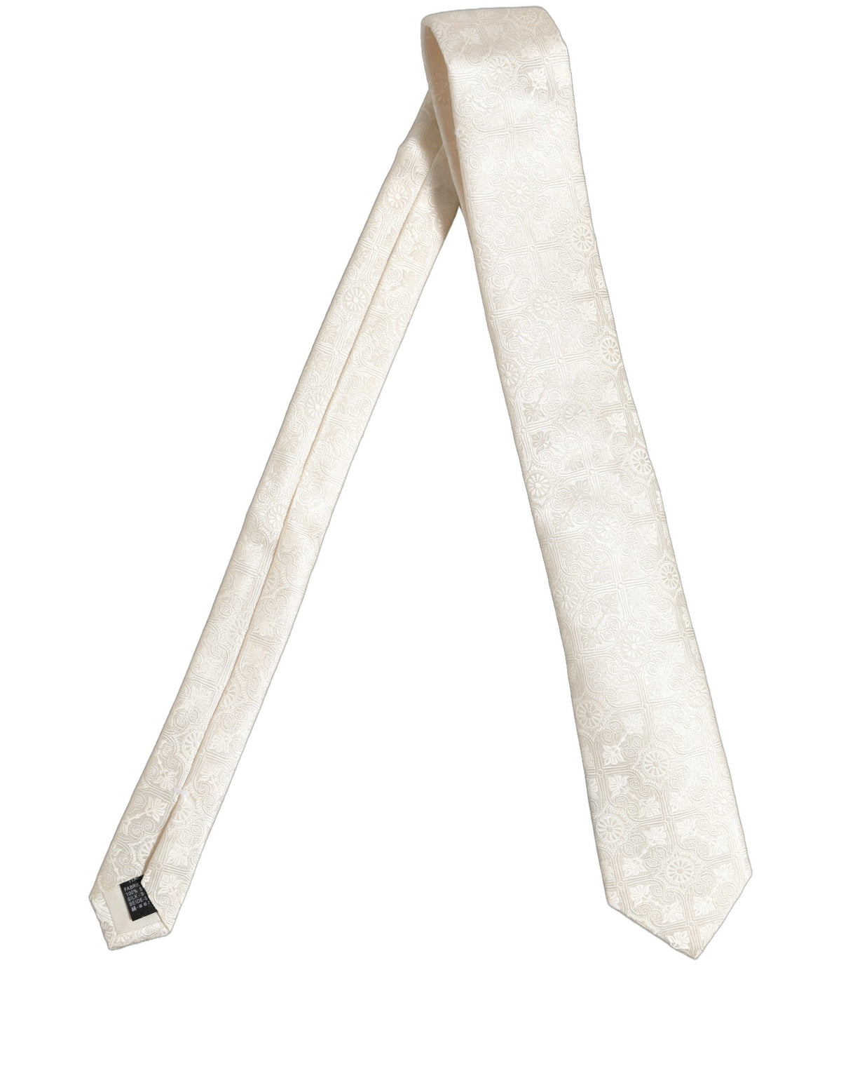 Dolce & Gabbana Off White Silk Damask Woven Adjustable Tied Necktie Tie