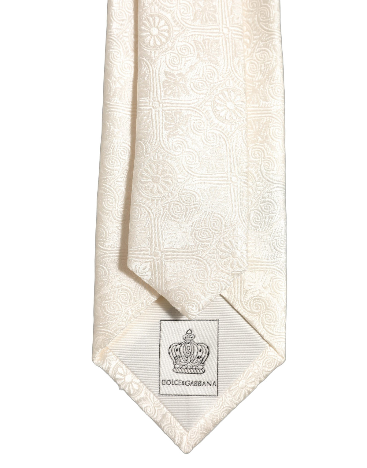 Dolce & Gabbana Off White Silk Damask Woven Adjustable Tied Necktie Tie