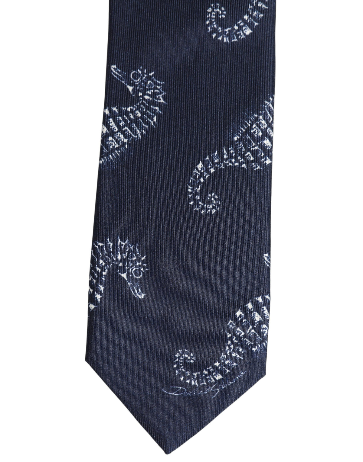 Dolce & Gabbana Dark Blue Silk Seahorse Print Adjustable Tied Necktie Tie