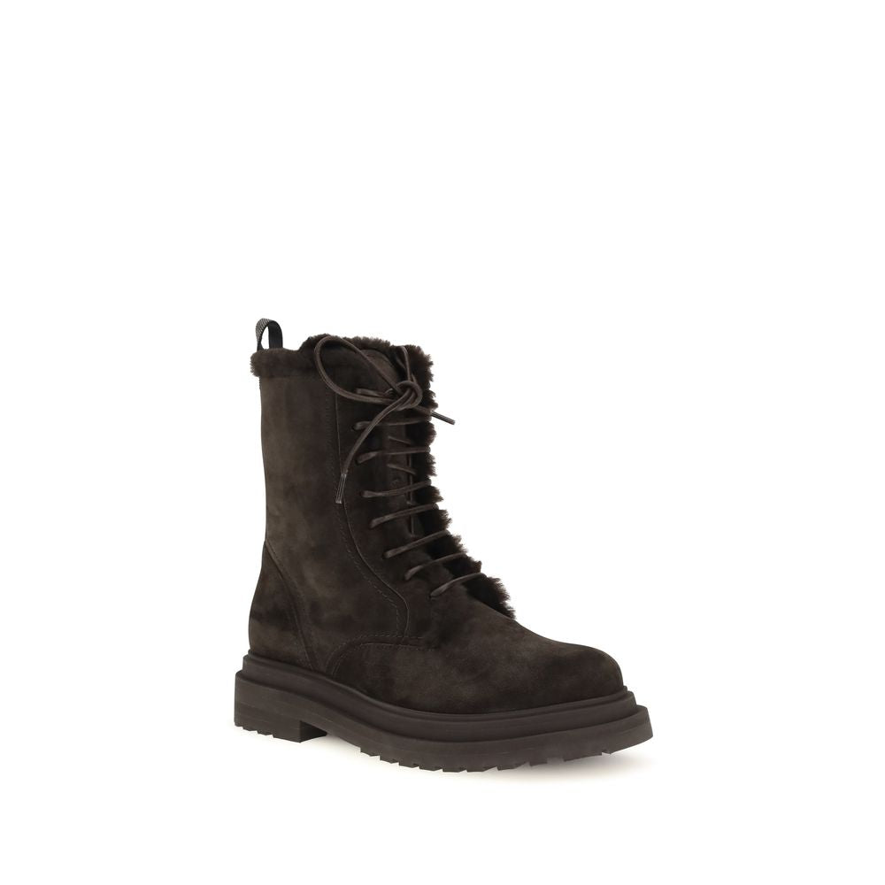 Brunello Cucinelli Black Leather Lace-Up Boots