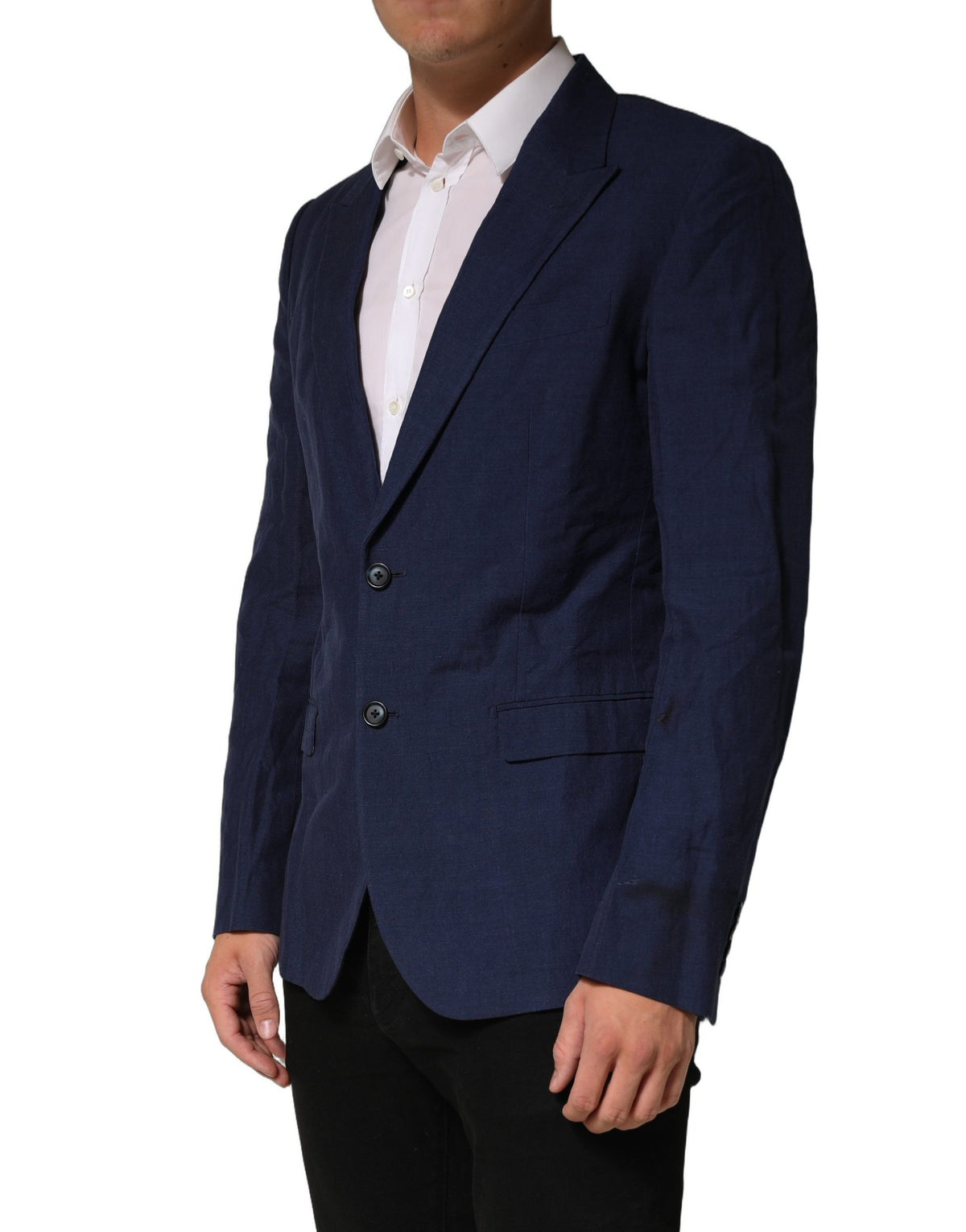 Dolce & Gabbana Dark Blue Flax Men Single Breasted Jacket
