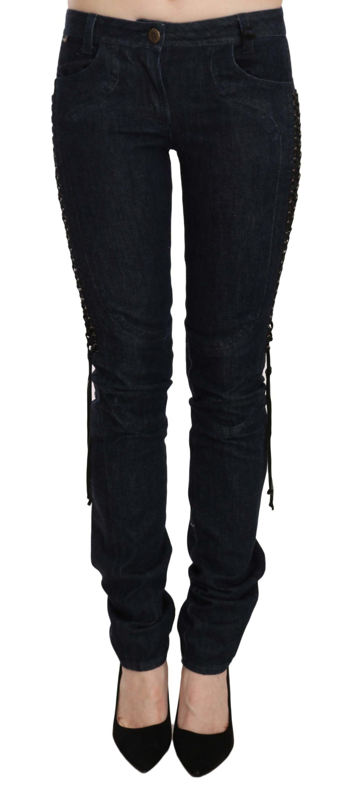 New Just Cavalli Blue Low Waist Skinny Trousers Braided String Pants