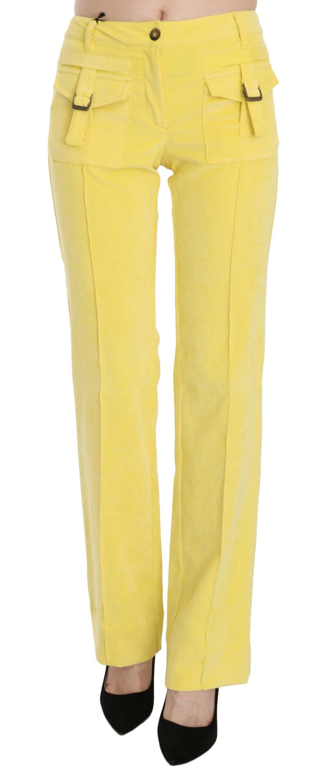 New Just Cavalli Yellow Corduroy Mid Waist Straight Trousers Pants