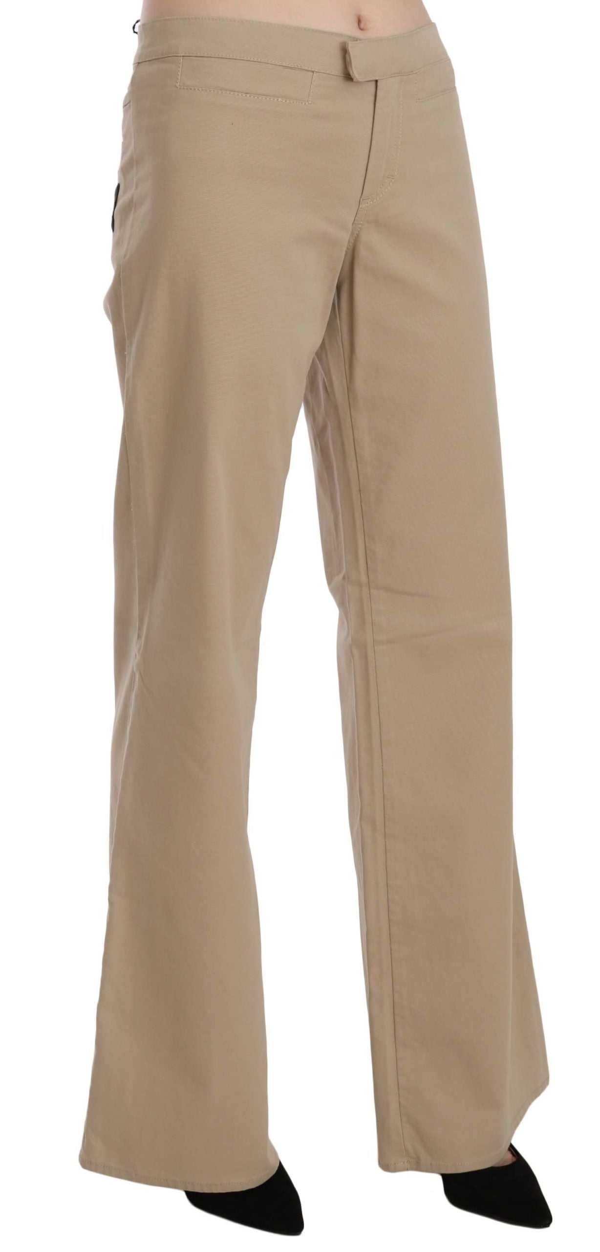 New Just Cavalli Beige Cotton Mid Waist Flared Trousers Pants