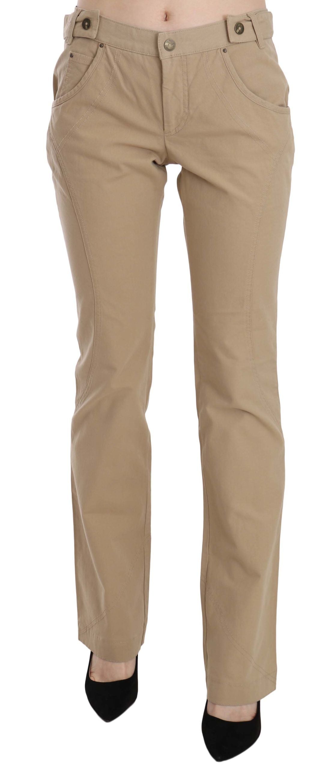 New Just Cavalli Beige Cotton Mid Waist Straight Trousers Pants