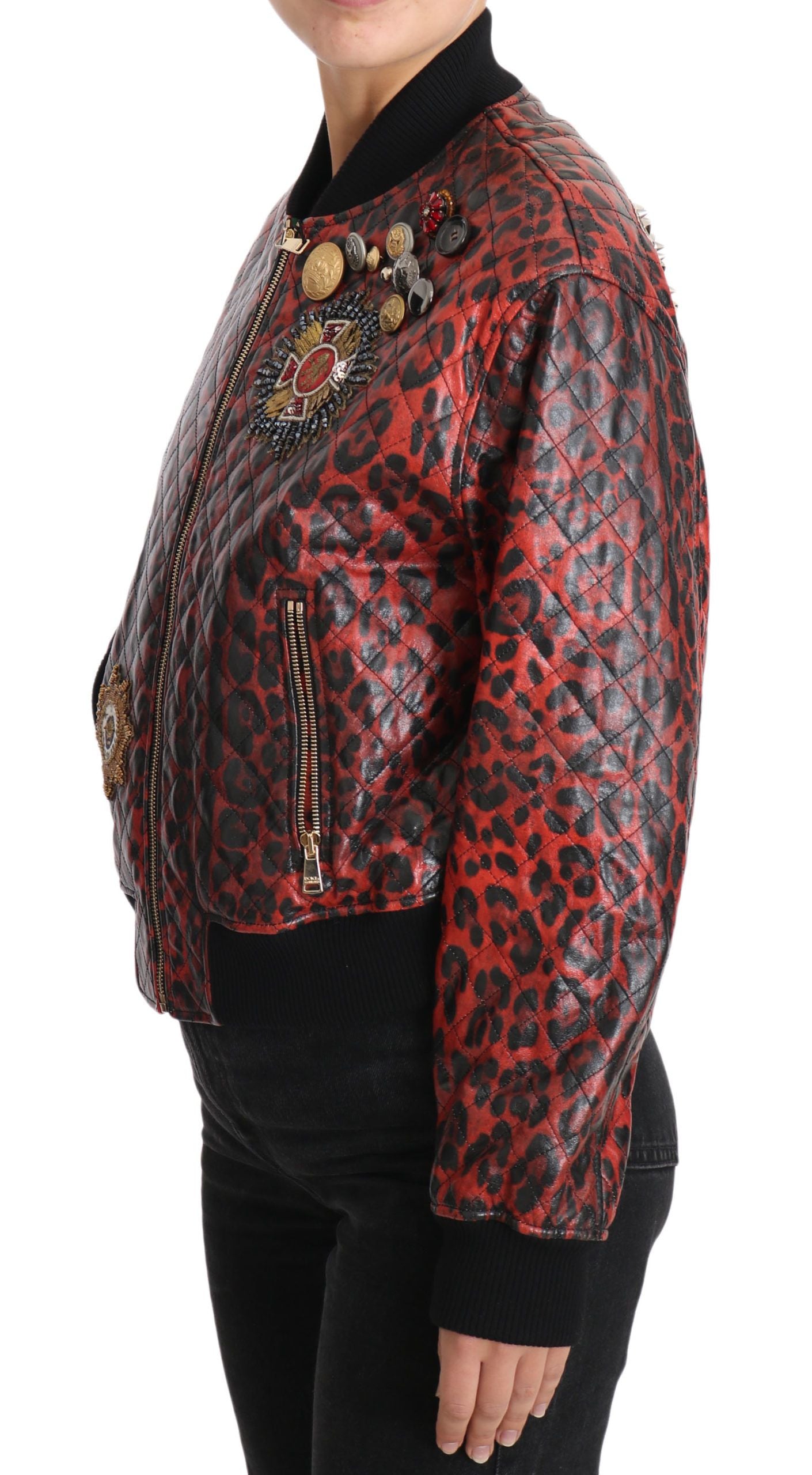 Dolce & Gabbana Red Leopard Button Crystal Leather Jacket - PreLoved & Luxe