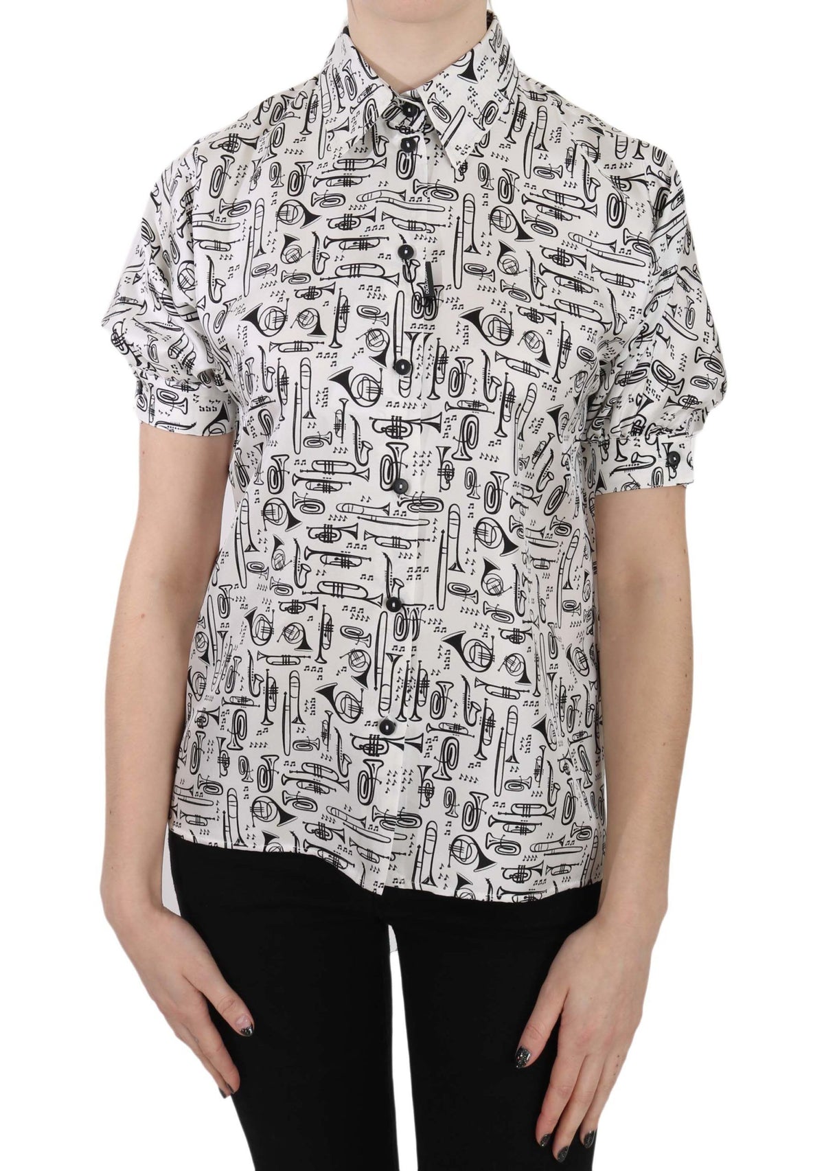 New Dolce & Gabbana Trumpet Print Button Front Silk Top Blouse