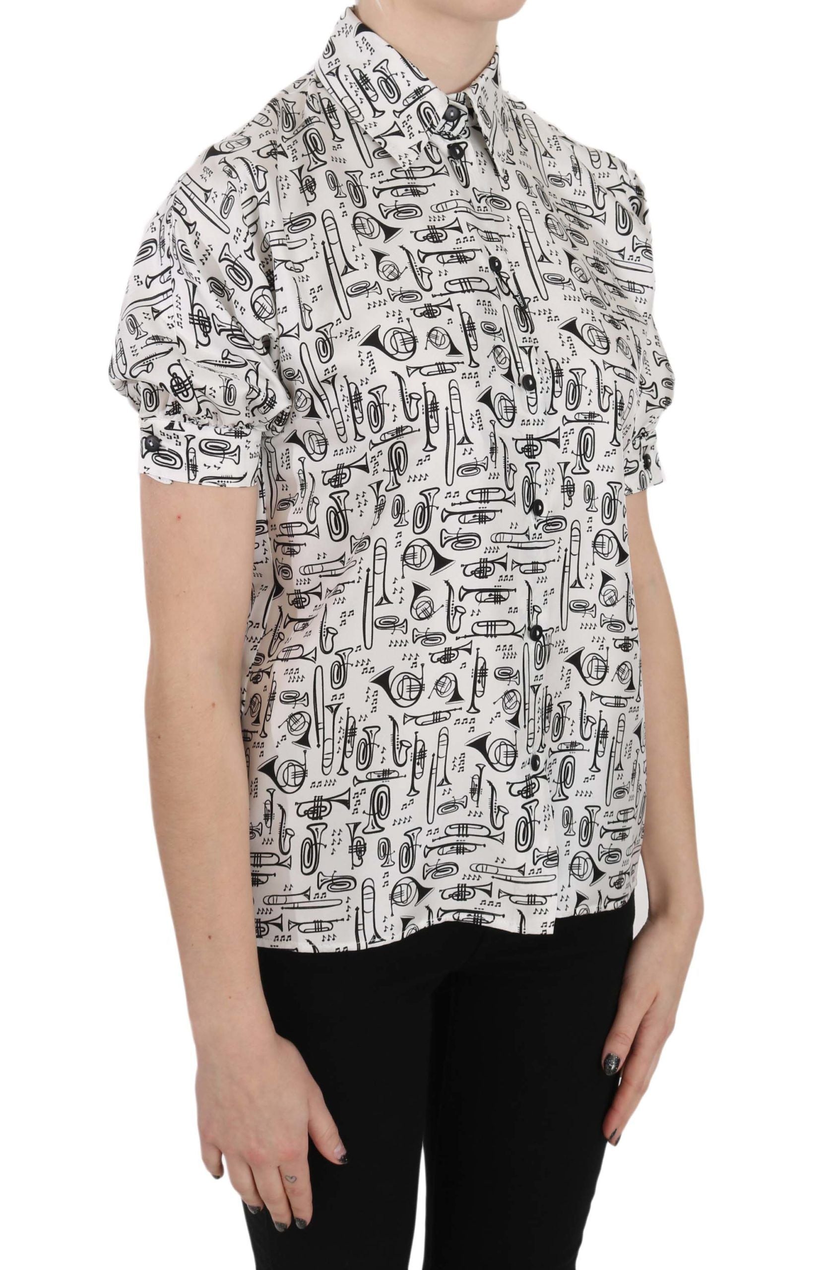 Dolce & Gabbana Trumpet Print Button Front Silk Top Blouse - PreLoved & Luxe