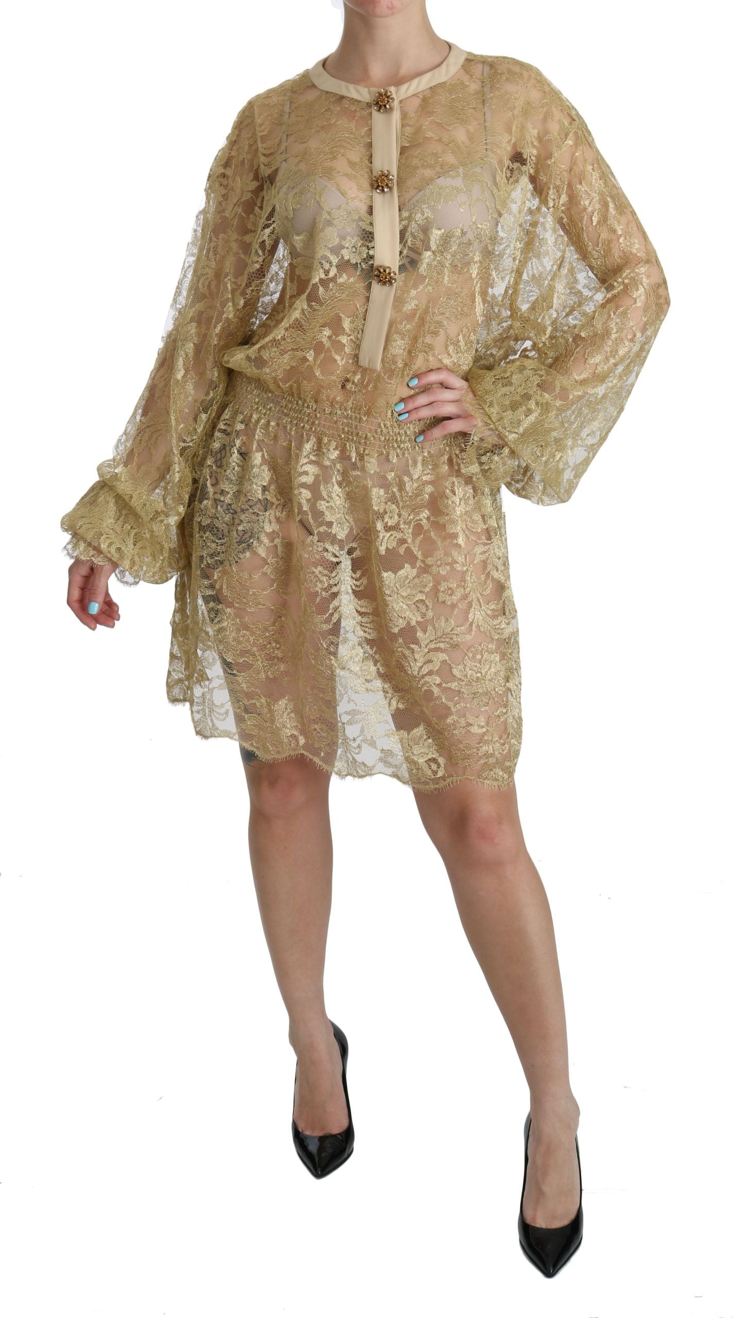 Dolce & Gabbana Gold Lace See Through A-Line Knee Length Dress - PreLoved & Luxe