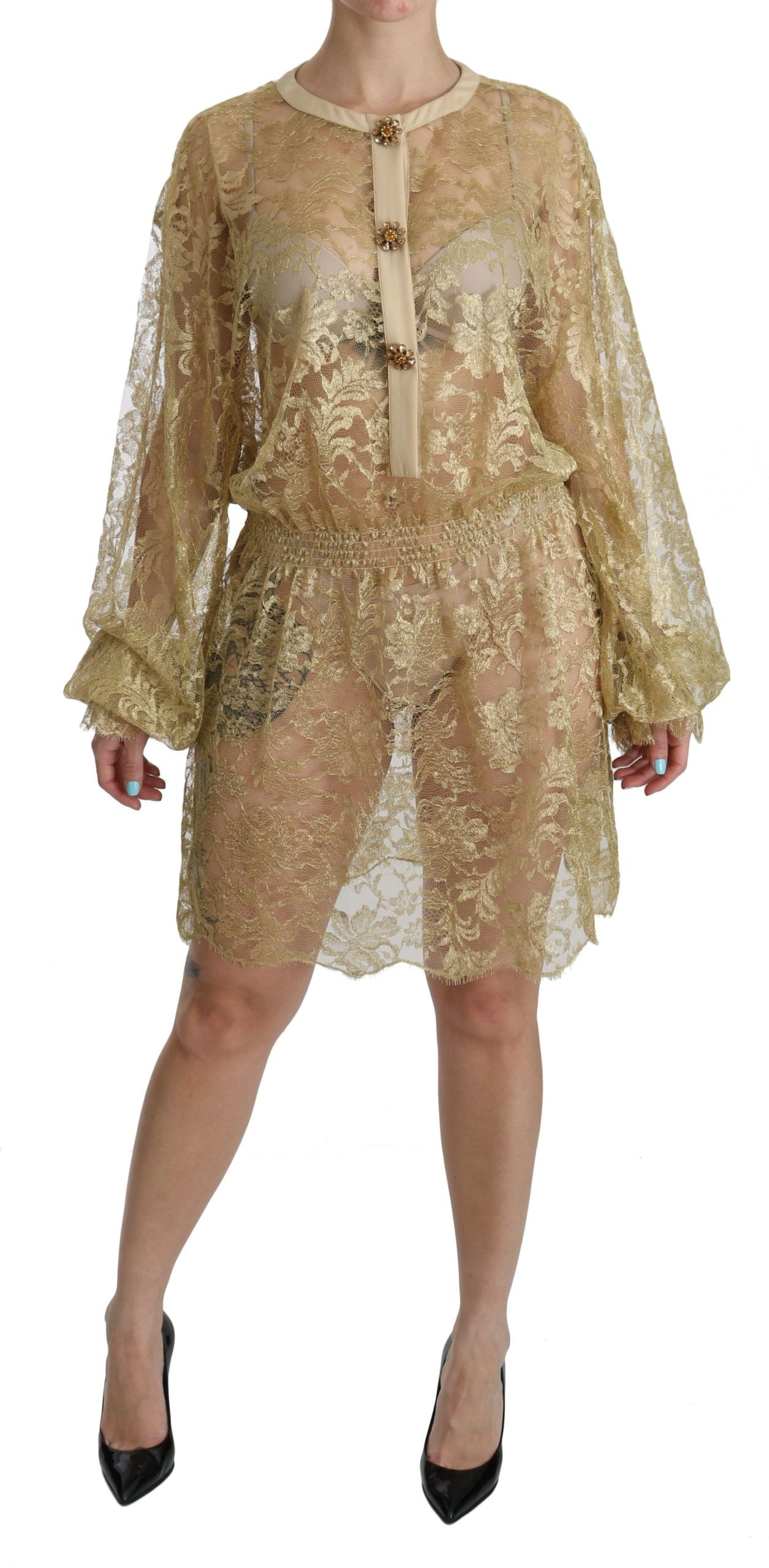 Dolce & Gabbana Gold Lace See Through A-Line Knee Length Dress - PreLoved & Luxe