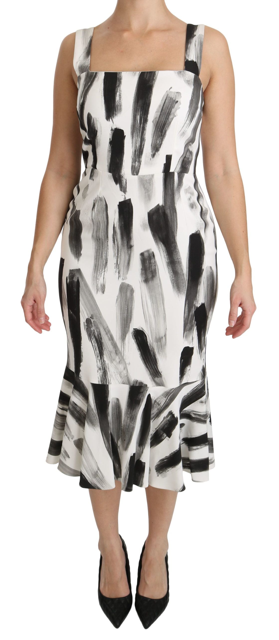 Dolce & Gabbana White Black Printed Sheath Midi Viscose Dress - PreLoved & Luxe
