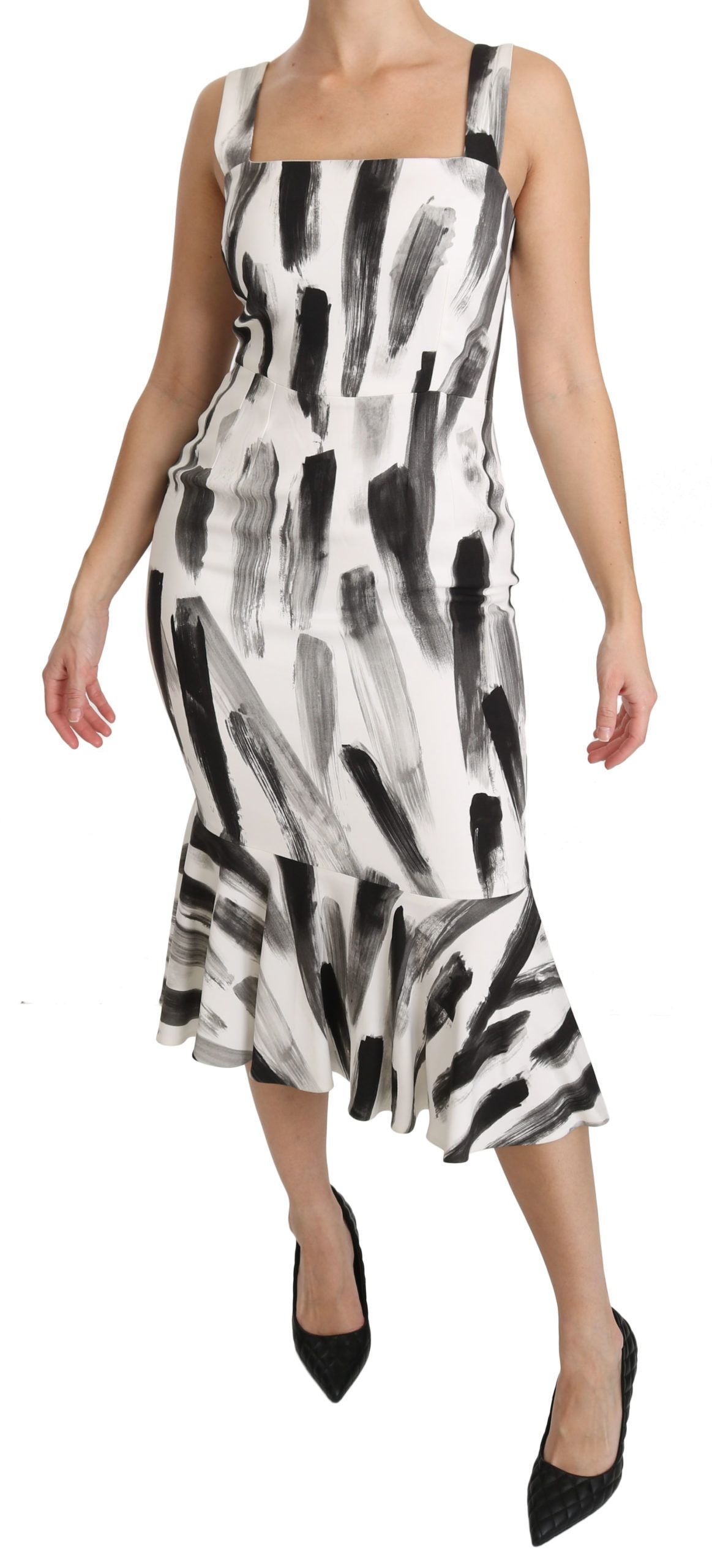 Dolce & Gabbana White Black Printed Sheath Midi Viscose Dress - PreLoved & Luxe