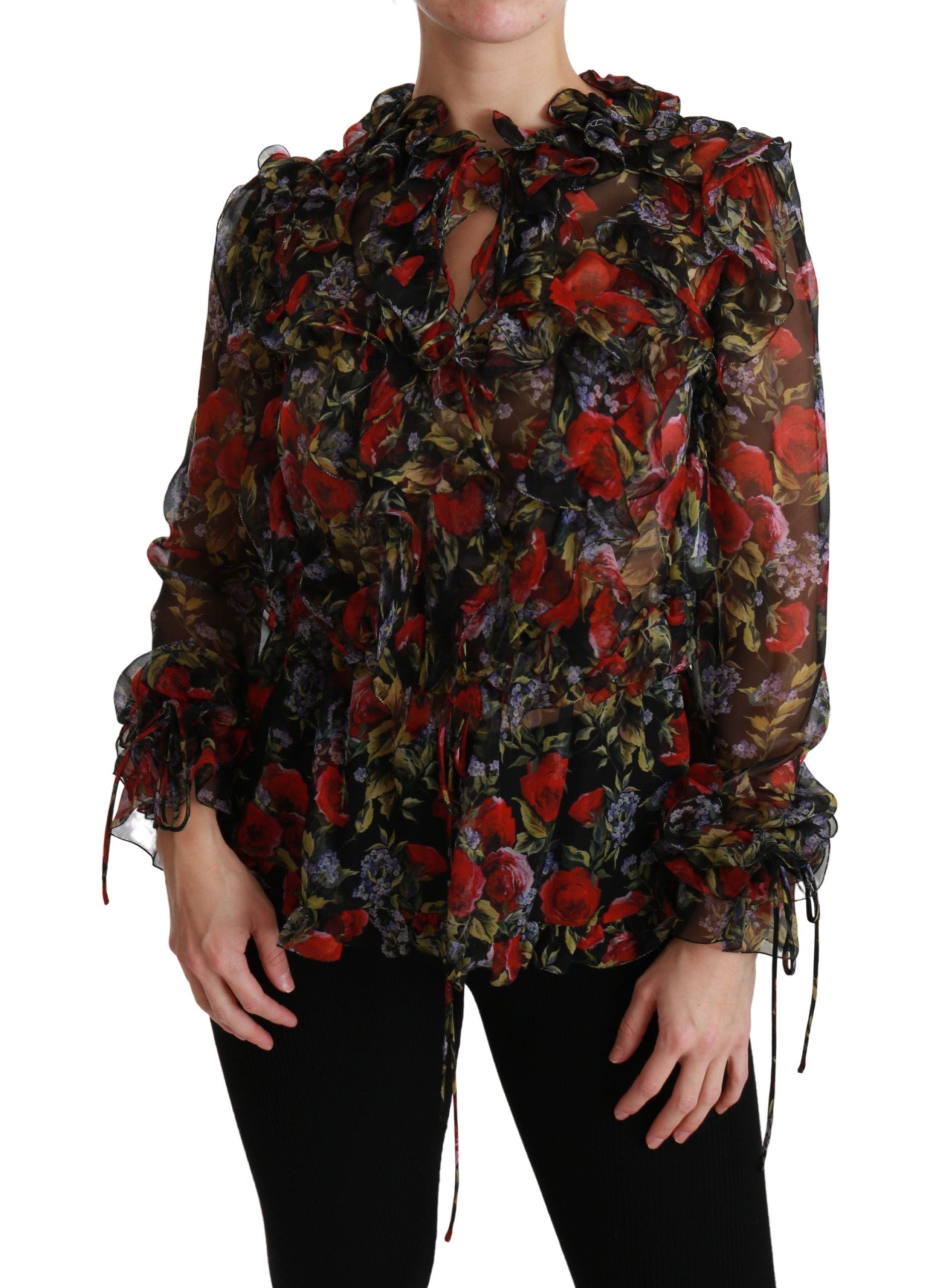 New Dolce & Gabbana Black Floral Roses Blouse Silk Top