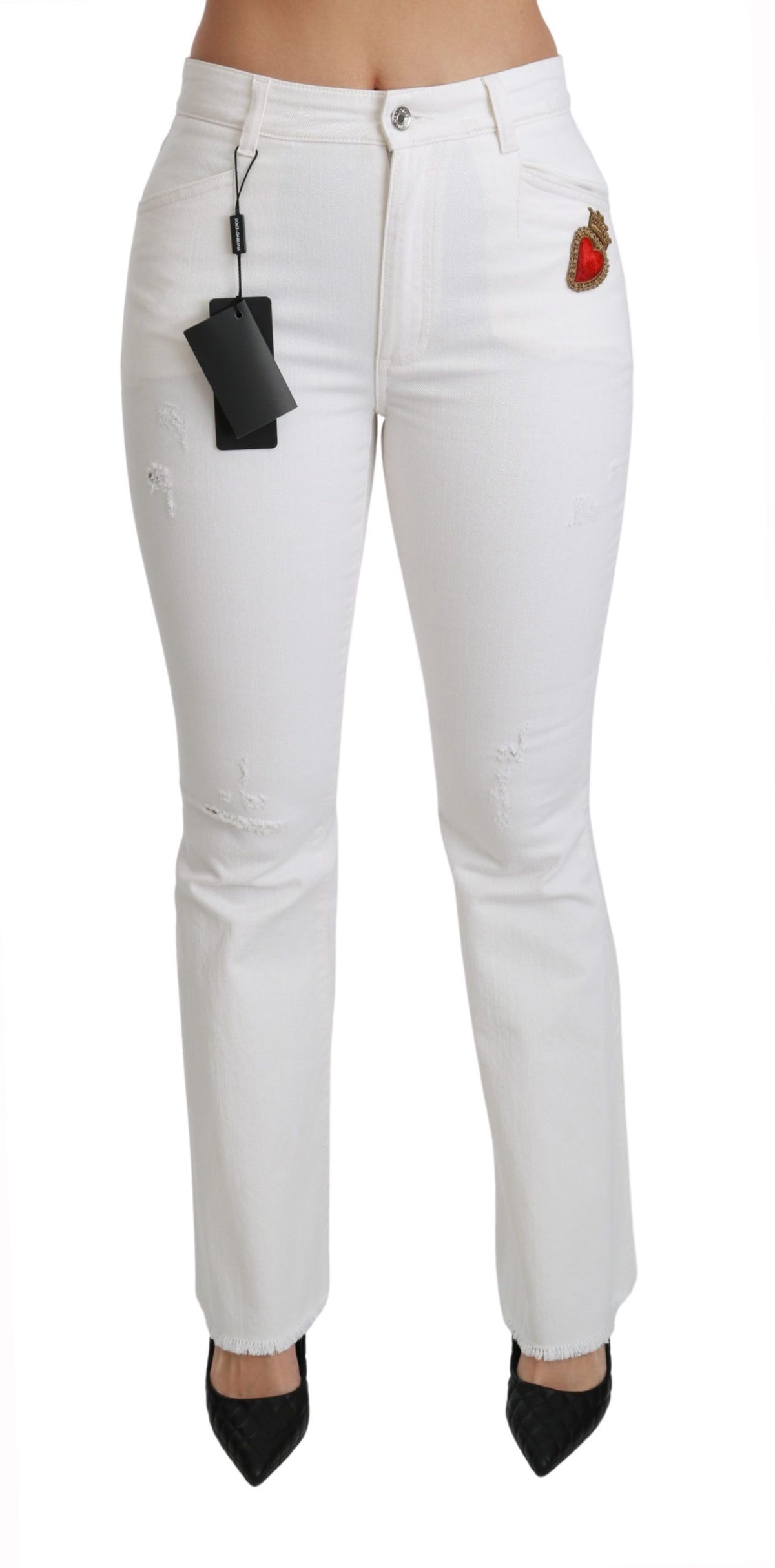 New Dolce & Gabbana White Heart Flared Stretch Cotton Pants