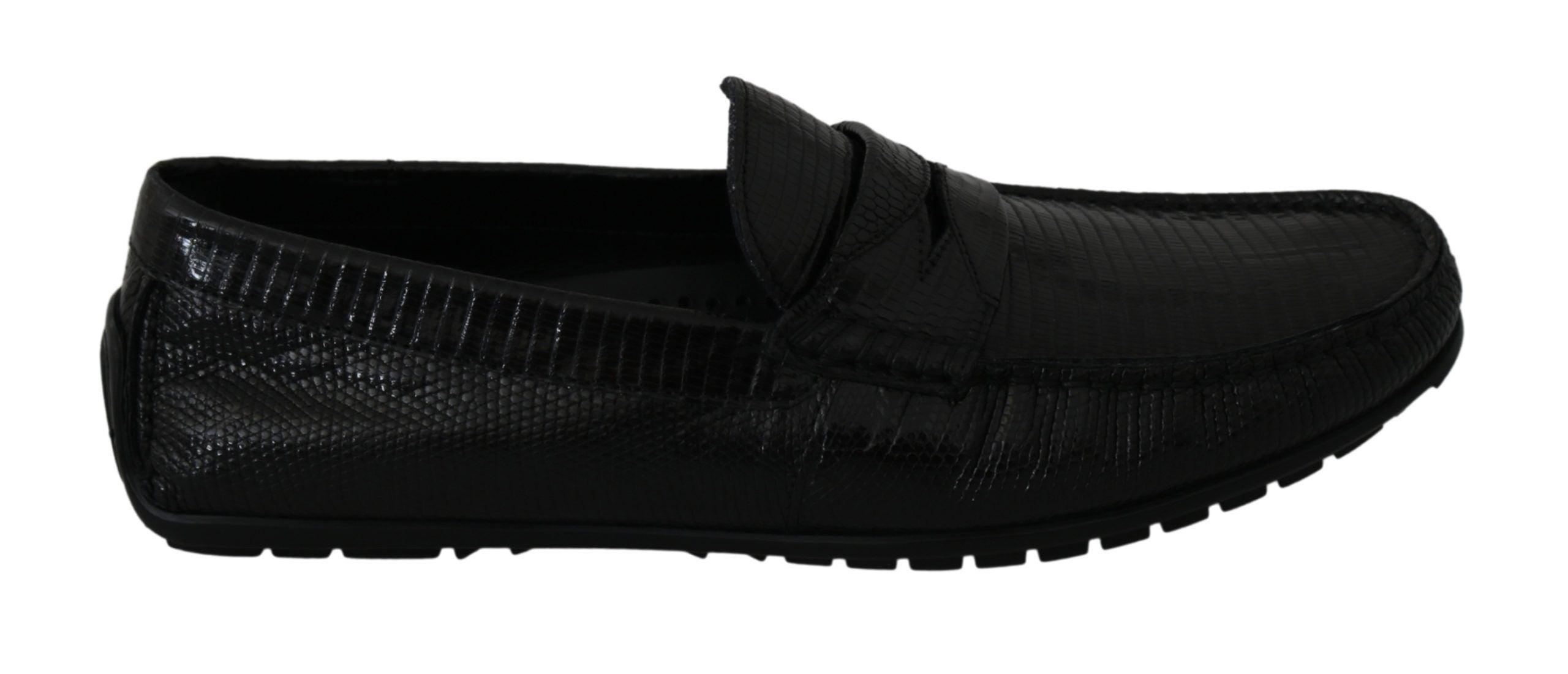 New Dolce & Gabbana Black Lizard Leather Flat Loafers Shoes