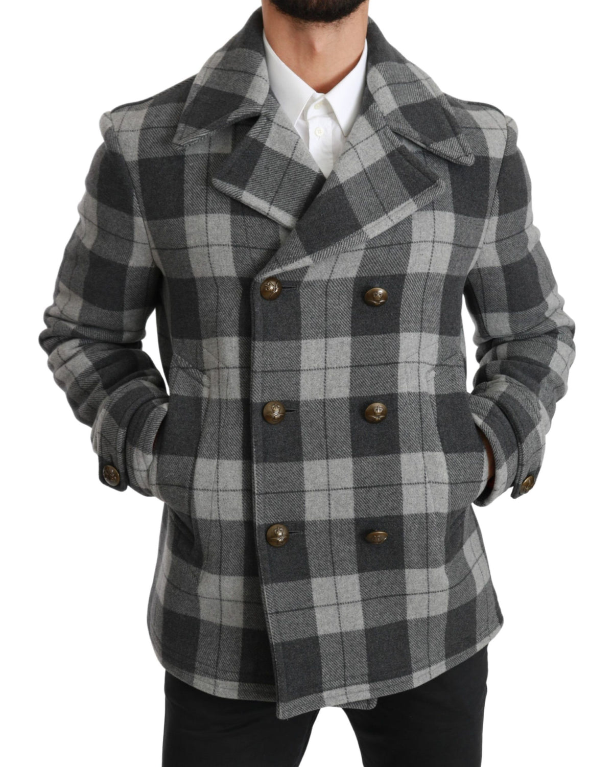 New Dolce & Gabbana Gray Check Wool Cashmere Coat Jacket