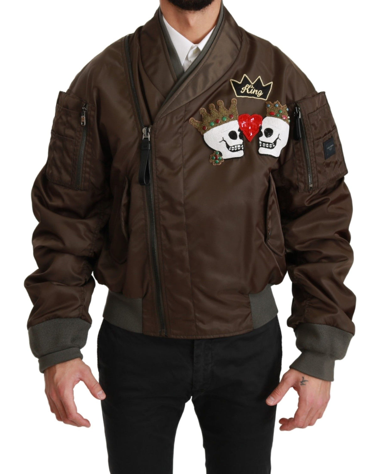 New Dolce & Gabbana Brown Beaded Crown Skull Logo Jacket