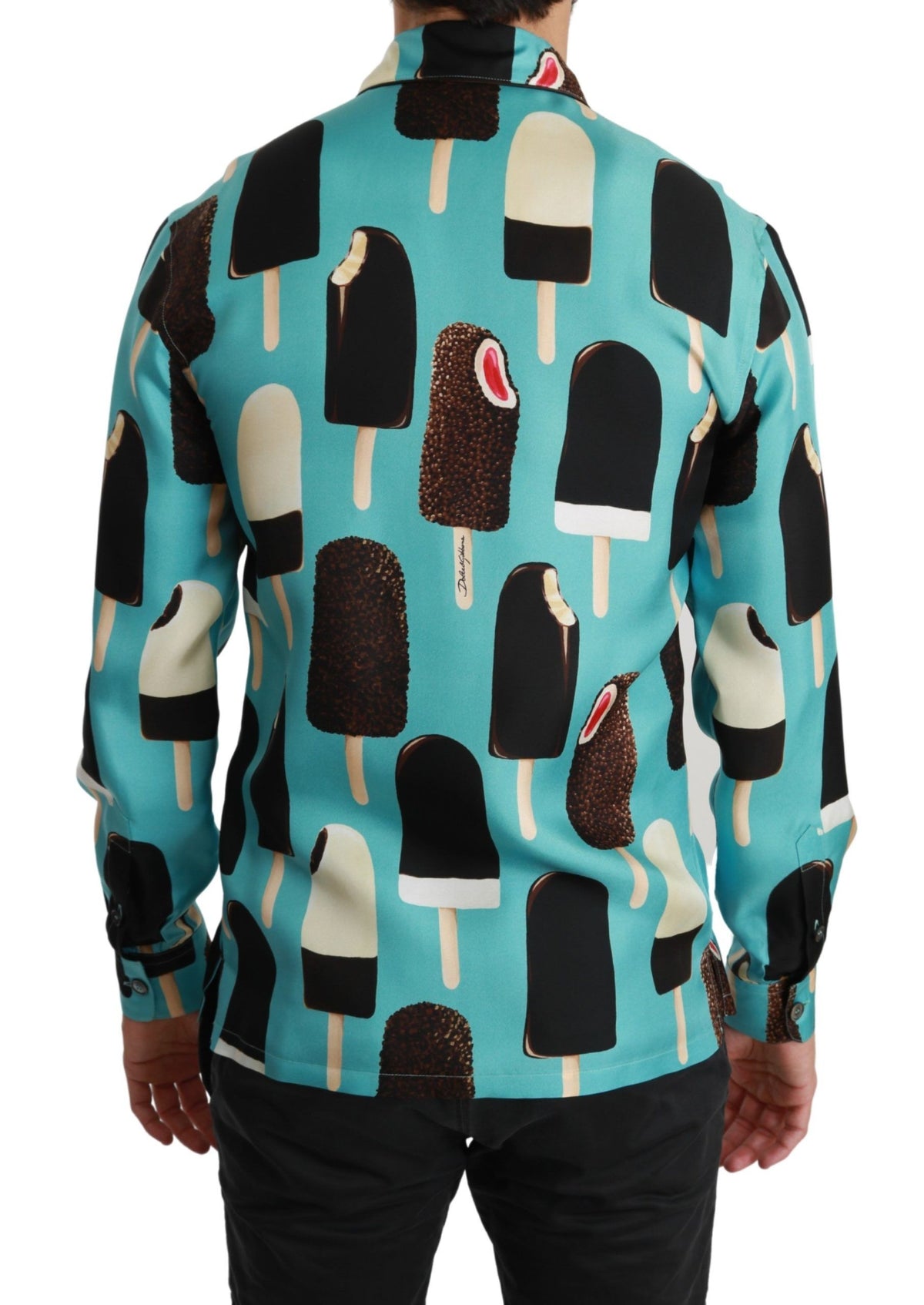 New Dolce & Gabbana Blue Silk Ice Cream Print Casual Shirt