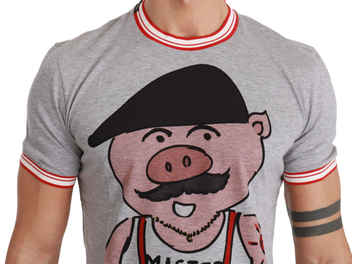 New Dolce & Gabbana Gray Cotton Top 2019 Year of the Pig T-shirt