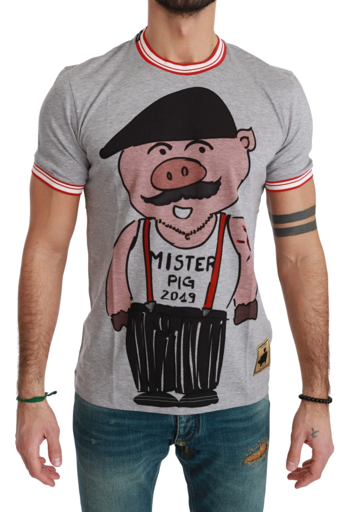 New Dolce & Gabbana Gray Cotton Top 2019 Year of the Pig T-shirt