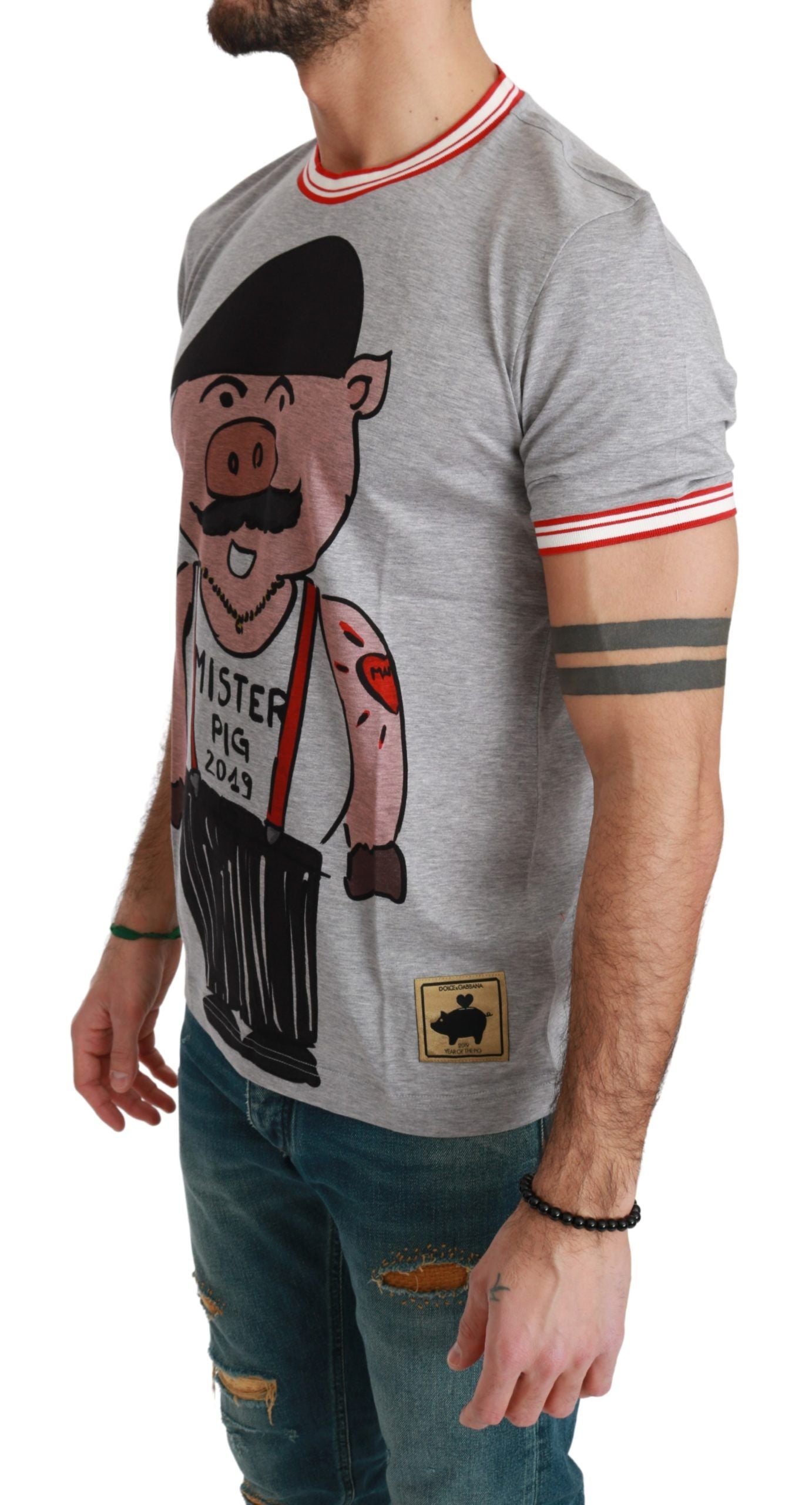 New Dolce & Gabbana Gray Cotton Top 2019 Year of the Pig T-shirt