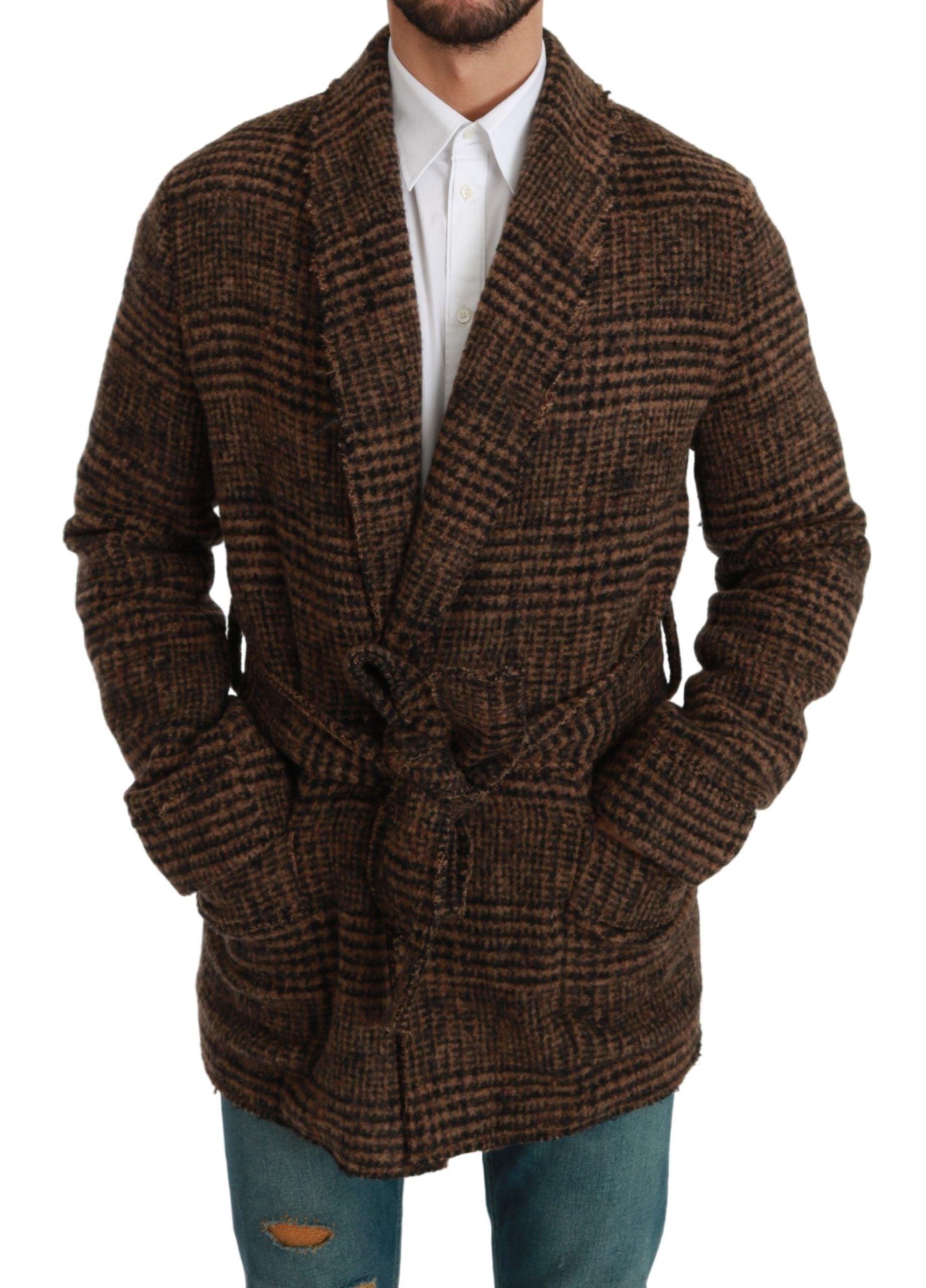 New Dolce & Gabbana Brown Checkered Wool Robe Coat Wrap Jacket