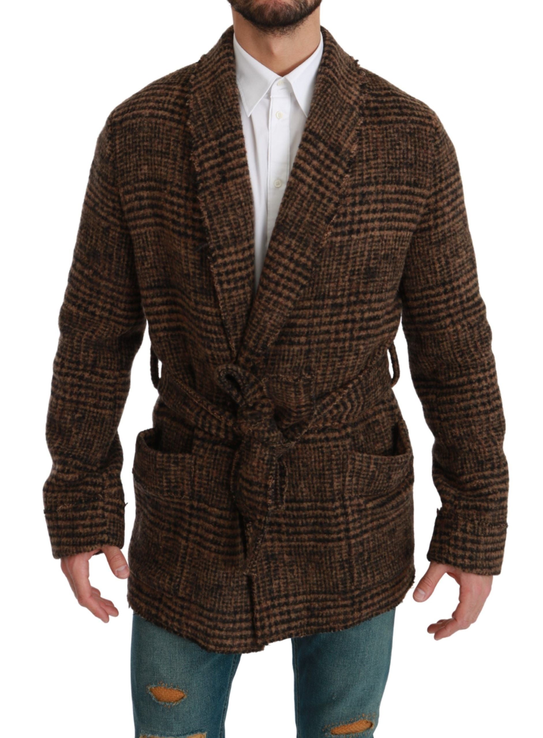 New Dolce & Gabbana Brown Checkered Wool Robe Coat Wrap Jacket