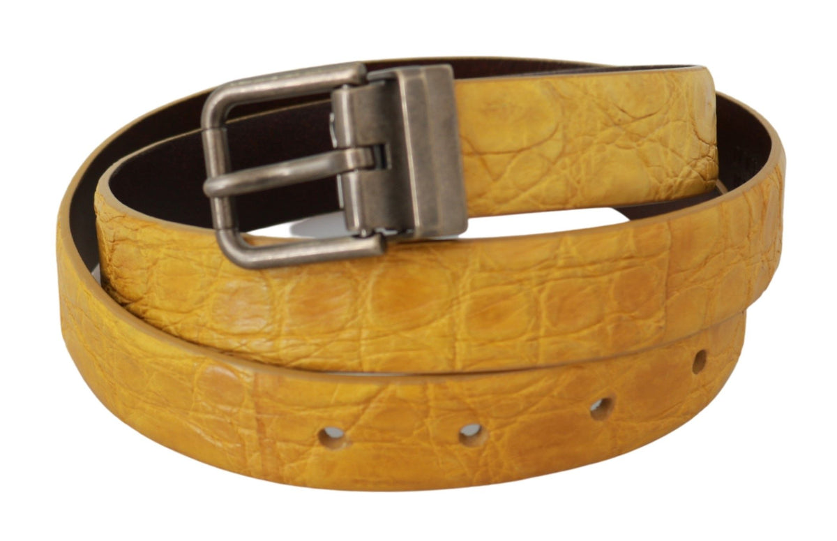 New Dolce & Gabbana Yellow Exotic Skin Leather Grey Buckle Belt
