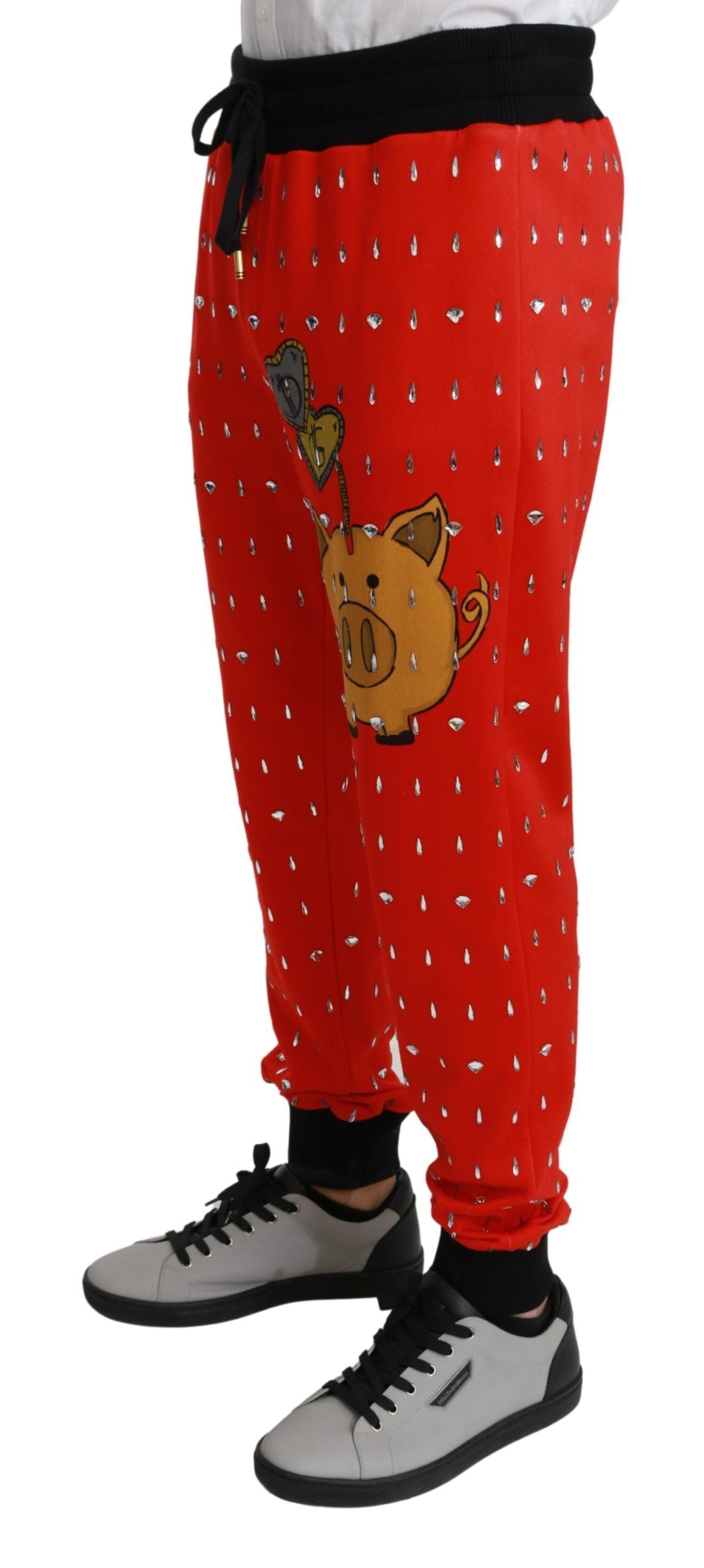 New Dolce & Gabbana Red Piggy Bank Cotton Crystal Trousers Pants