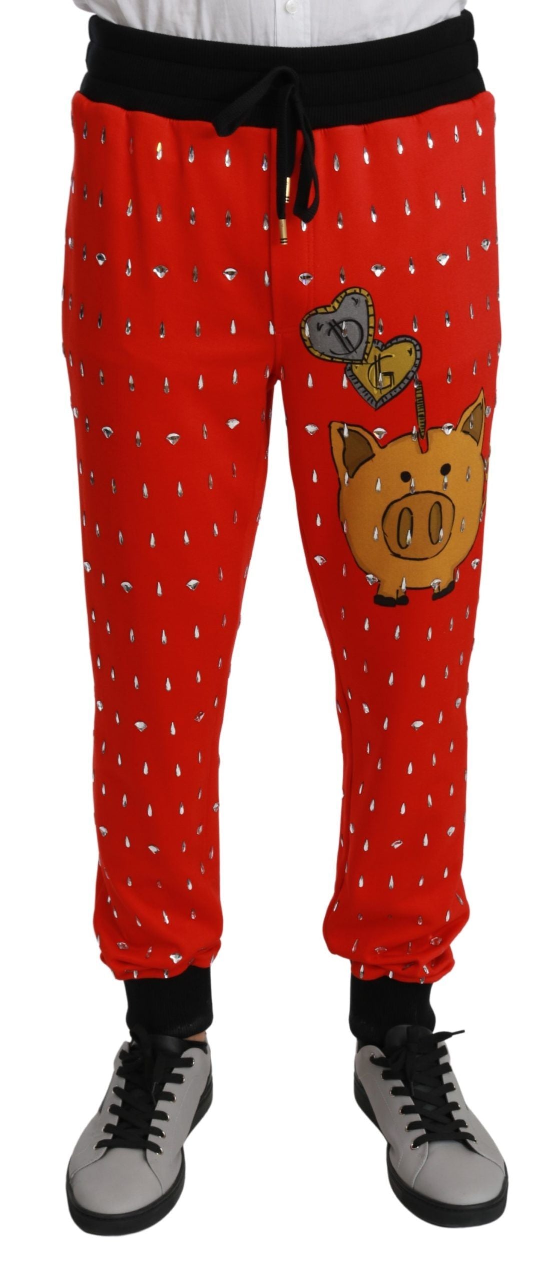 New Dolce & Gabbana Red Piggy Bank Cotton Crystal Trousers Pants