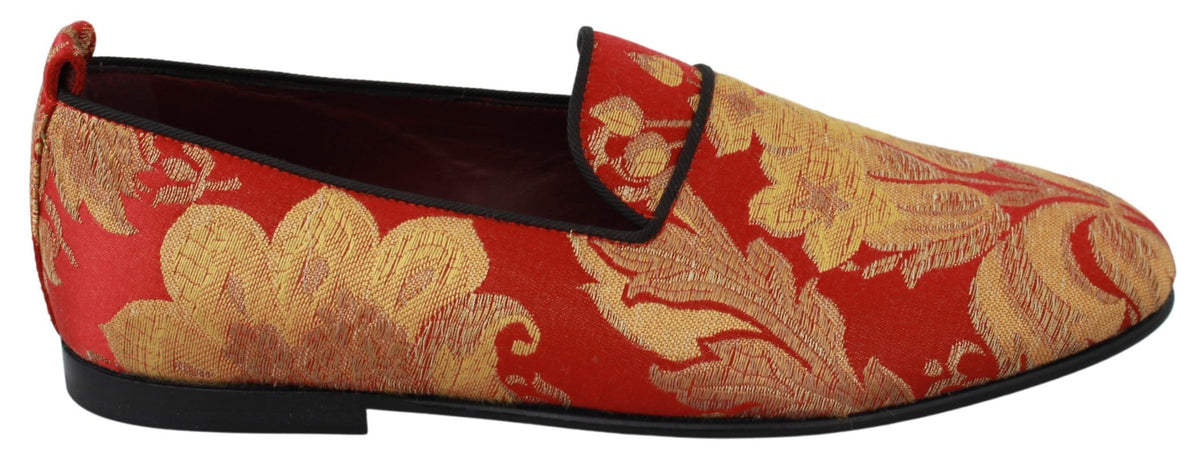 New Dolce & Gabbana Red Gold Brocade Slippers Loafers Shoes