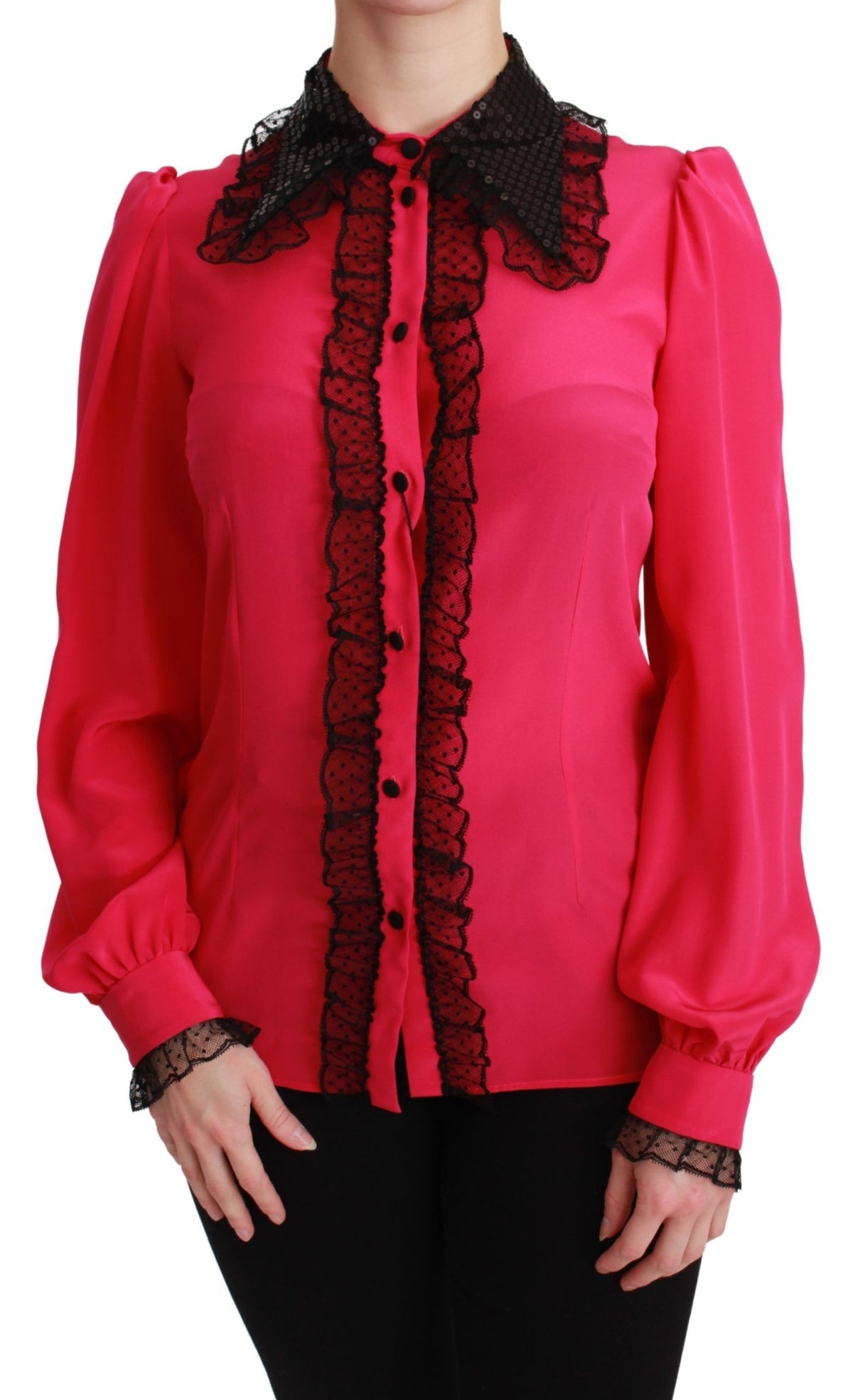 New Dolce & Gabbana Pink Silk Black Sequin Lace Shirt Blouse