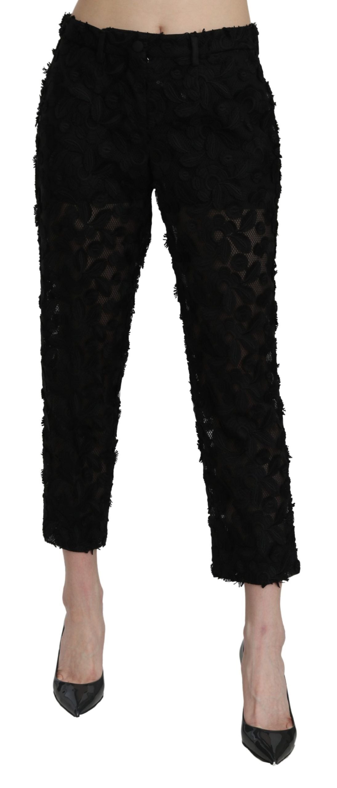 New Dolce & Gabbana Black Lace Straight Cropped High Waist Pants