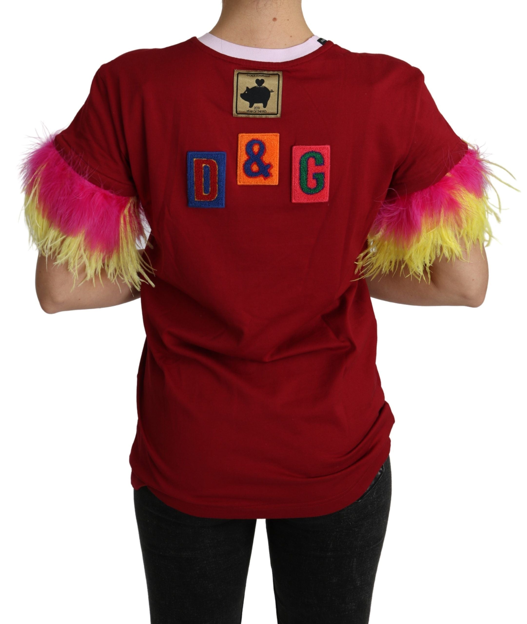 New Dolce & Gabbana Red Pig Print Feather Sleeves T-shirt Top