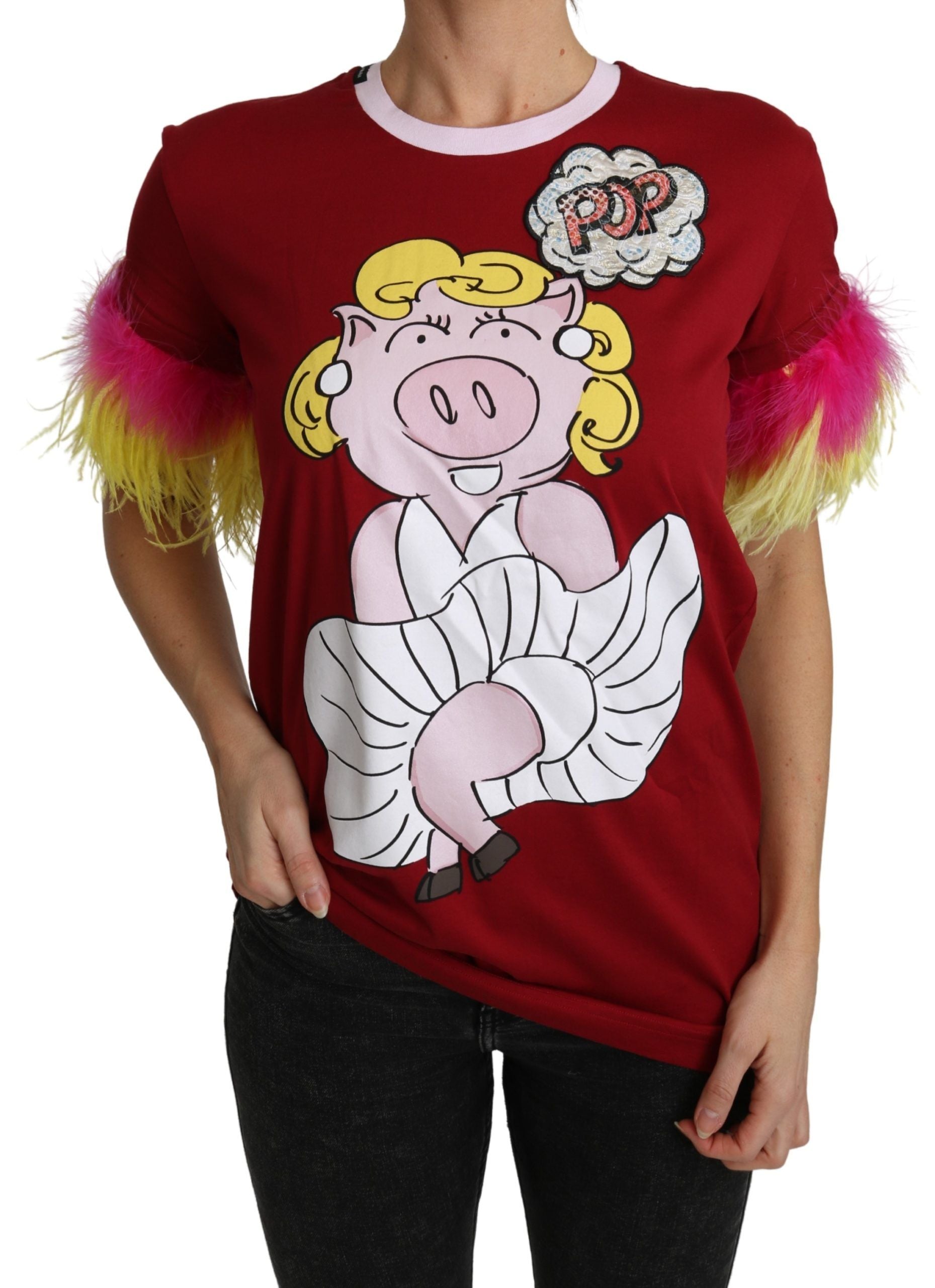 New Dolce & Gabbana Red Pig Print Feather Sleeves T-shirt Top