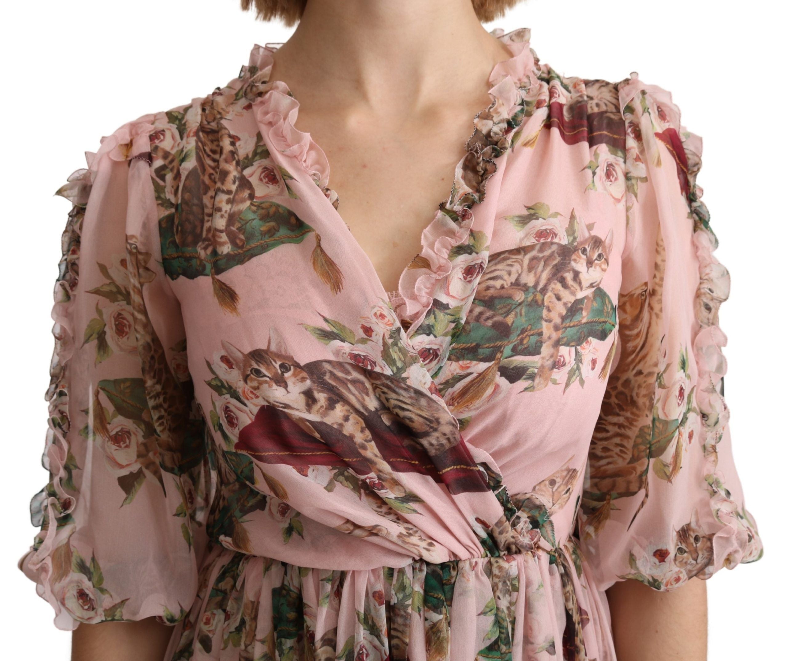 Dolce & Gabbana Pink Bengal Cat Print A-line Maxi Silk Dress