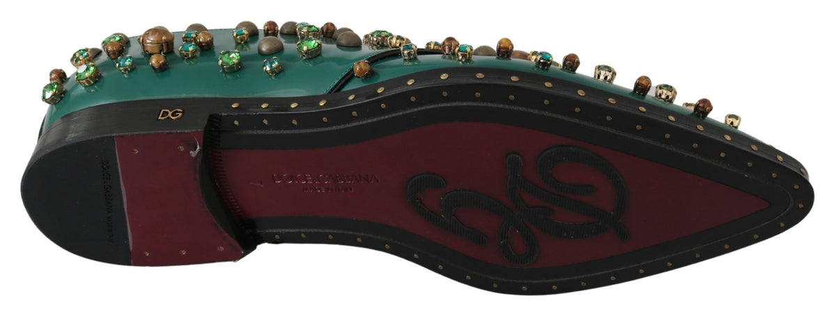 New Dolce & Gabbana Green Leather Crystal Dress Broque Shoes
