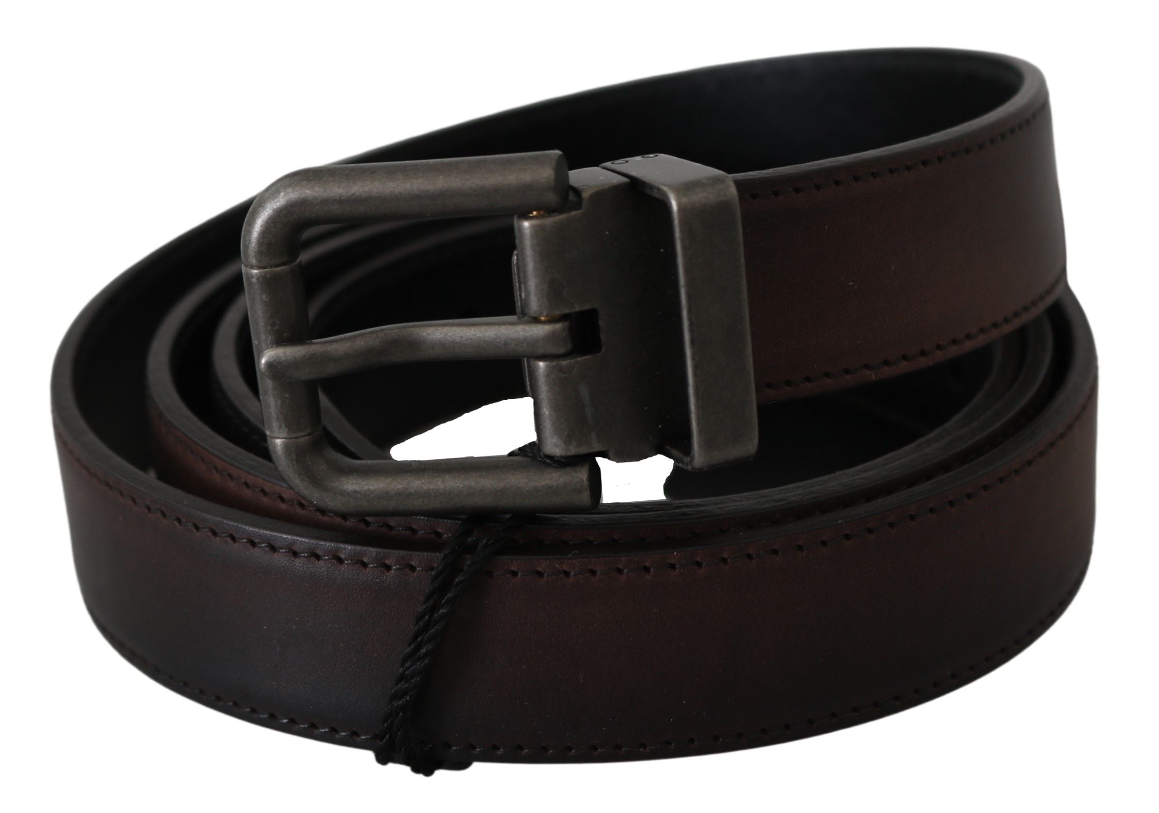 New Dolce & Gabbana Solid Brown Leather Gray Buckle Belt