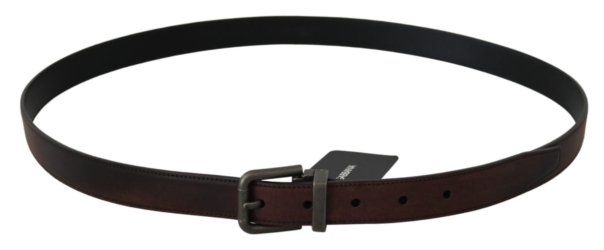 New Dolce & Gabbana Solid Brown Leather Gray Buckle Belt