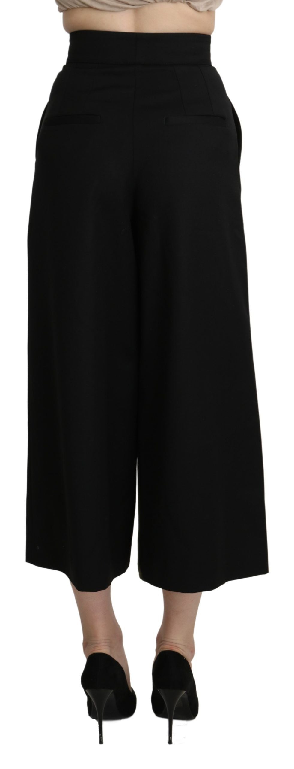 New Dolce & Gabbana Black Wide Wool Leg Cropped Trouser Pant
