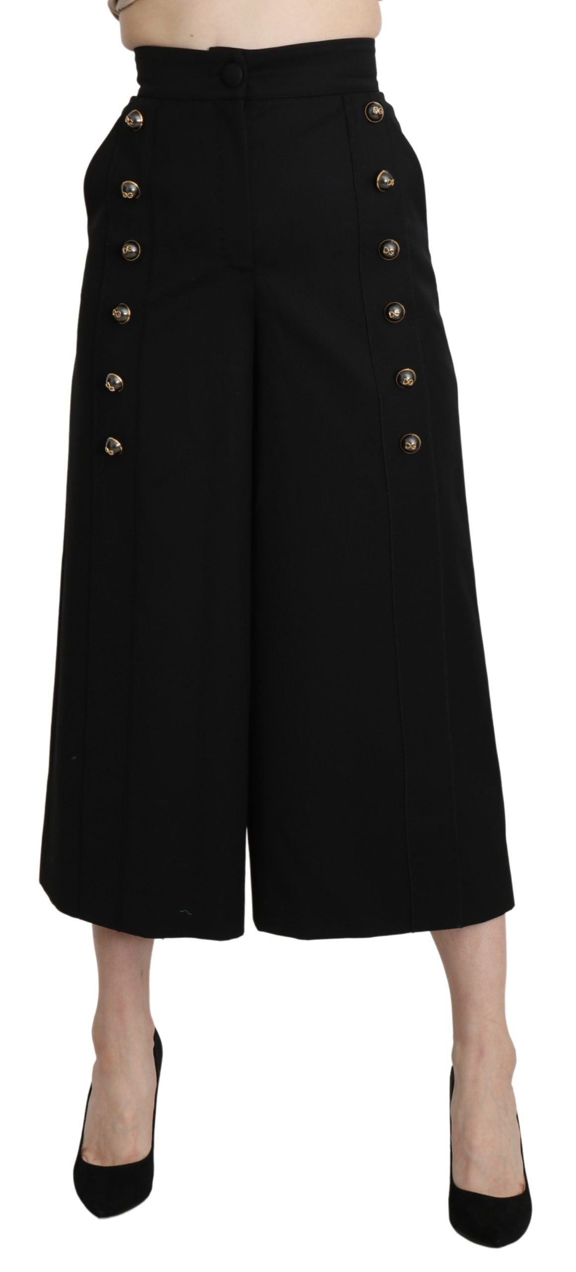 New Dolce & Gabbana Black Wide Wool Leg Cropped Trouser Pant