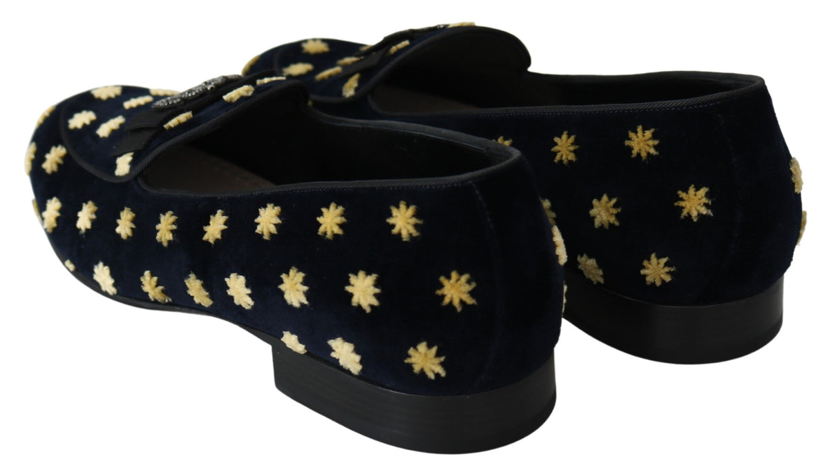 New Dolce & Gabbana Blue Velvet Crown Slippers Loafers Shoes