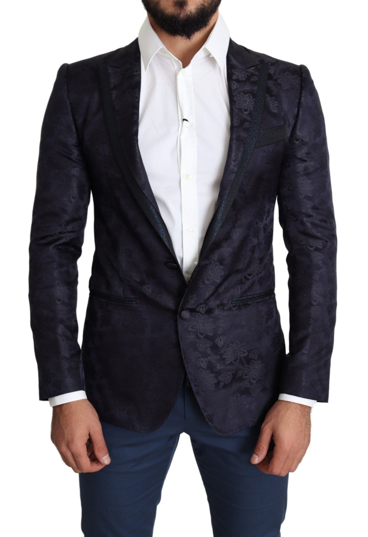 New Dolce & Gabbana Blue Floral Jacquard Silk Coat MARTINI Blazer