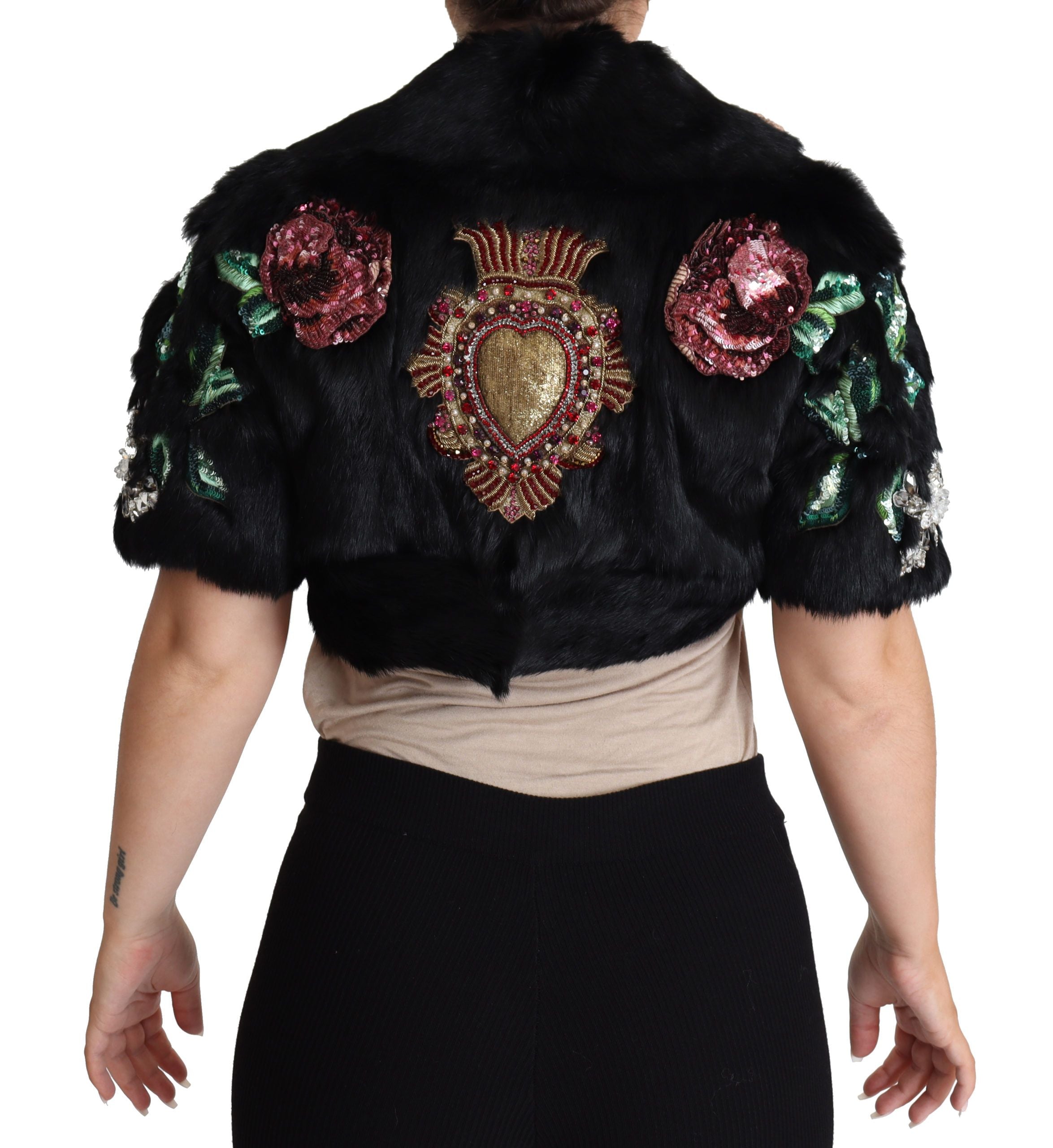 New Dolce & Gabbana Black Rabbit Fur Crystals Sequin Coat