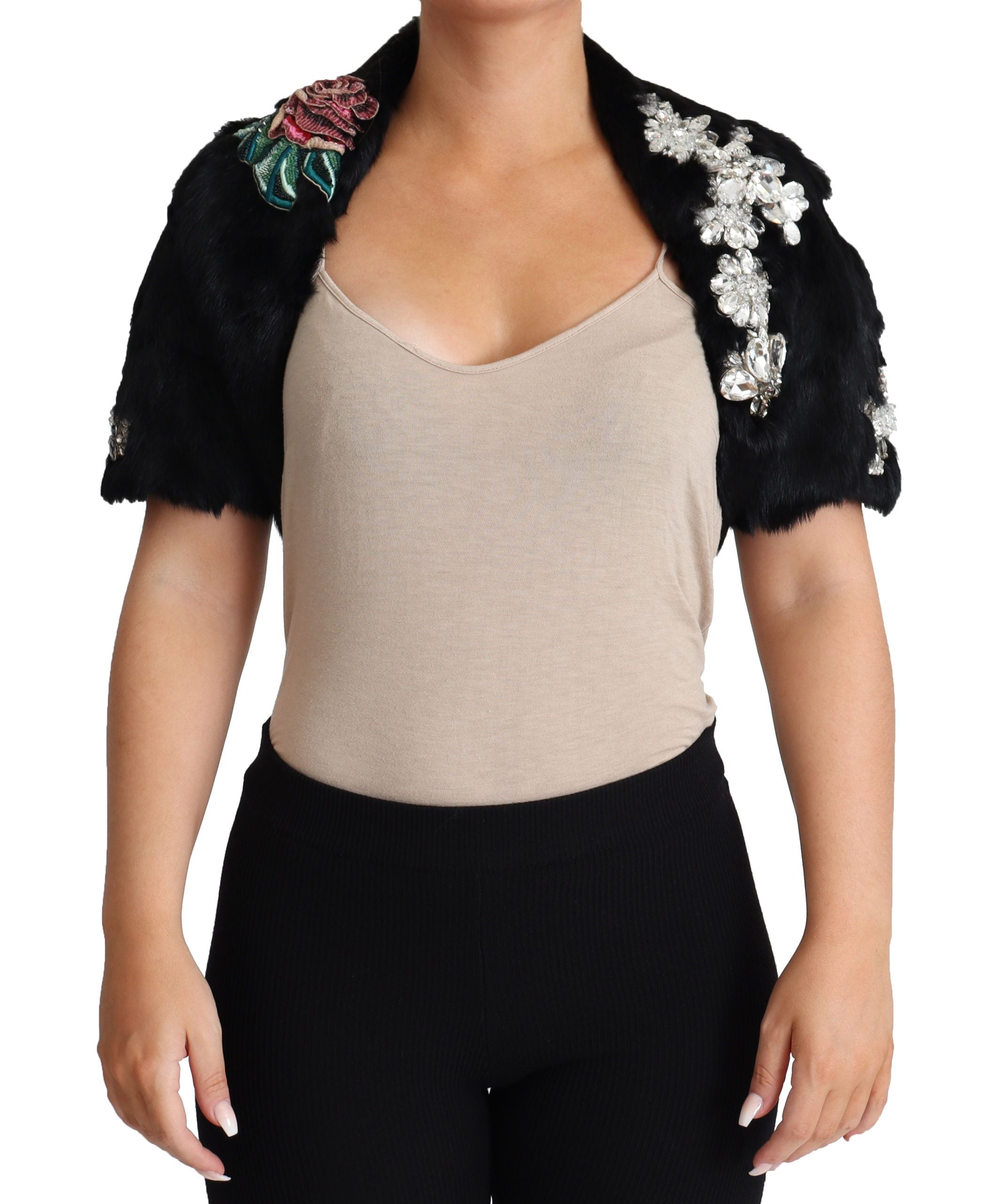 New Dolce & Gabbana Black Rabbit Fur Crystals Sequin Coat