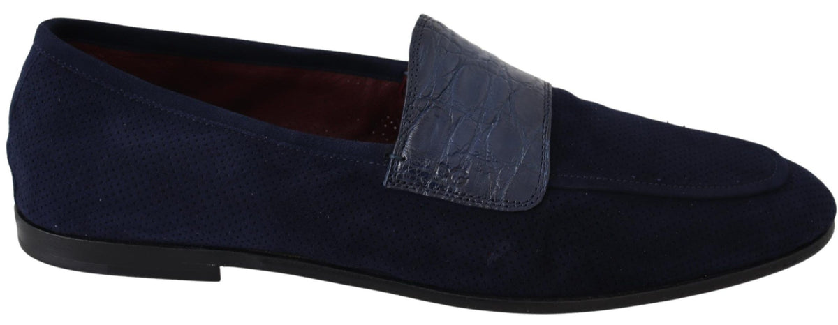 New Dolce & Gabbana Blue Suede Caiman Loafers Slippers Shoes